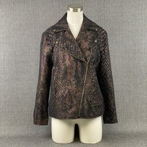 Per Se Metallic Snakeskin Moto Jacket Womens Size 8 Textured Bronze Bronze